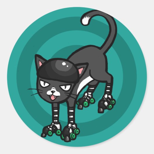 Zwarte en witte kat op Rollerskates Ronde Sticker (Voorkant)