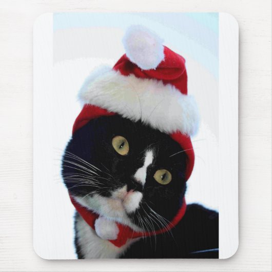 Zwarte en witte kat — Santa Hat, met links geen li Muismat (Voorkant)