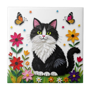 Zwarte en Witte Katten, Bloemen en Vlinders Tegeltje