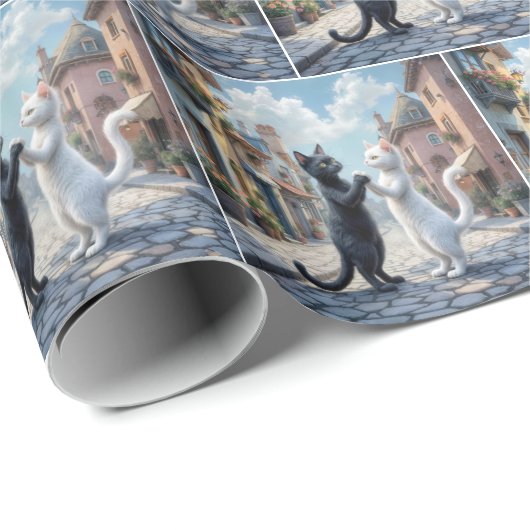 Zwarte en witte katten langzaam dansen cadeaupapier (Rol Hoek)