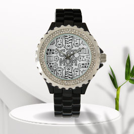 Zwarte en witte kattenmoeder met kattenpoten horloge