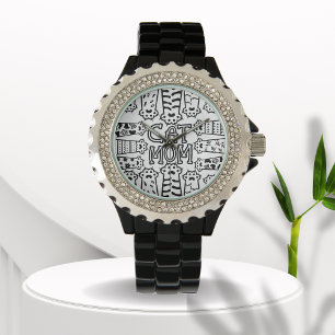 Zwarte en witte kattenmoeder met kattenpoten horloge