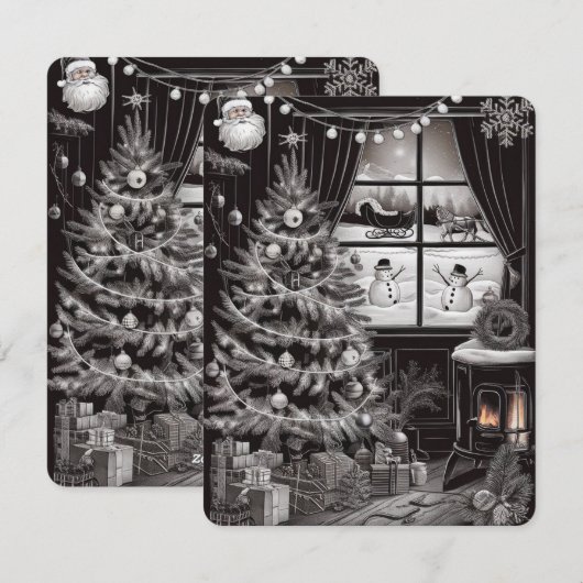 Zwarte en witte kerst feestdagenkaart (Voorkant / Achterkant)