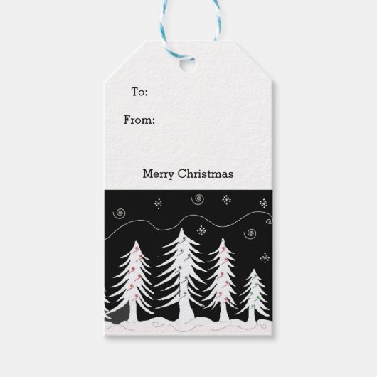 Zwarte en witte kerstbomen cadeaulabel (Voorkant)