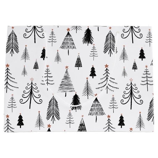 Zwarte en witte kerstbomen groot cadeauzakje (Voorkant)