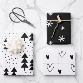 Zwarte en witte kerstbomen Snowflakes Harten Inpakpapier Vel