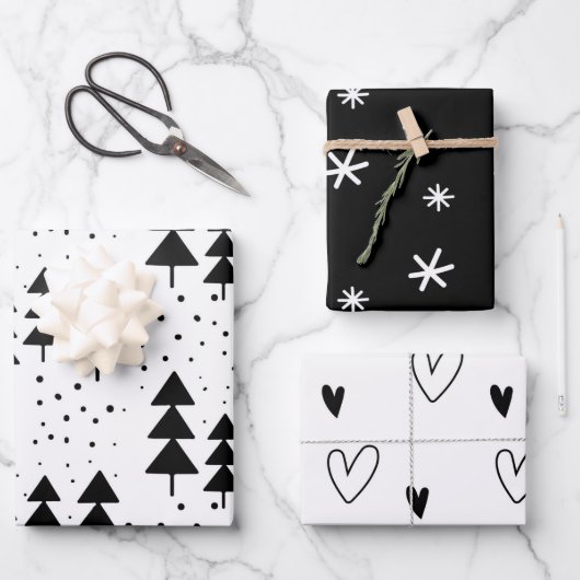 Zwarte en witte kerstbomen Snowflakes Harten Inpakpapier Vel (Voorkant)