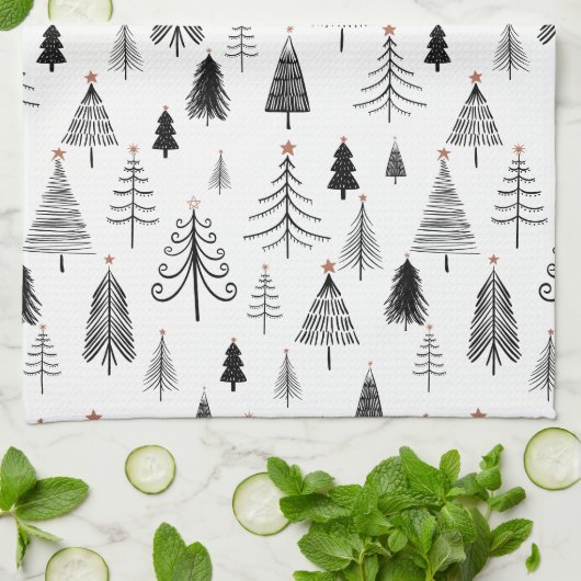 Zwarte en witte kerstbomen theedoek (Gevouwen)