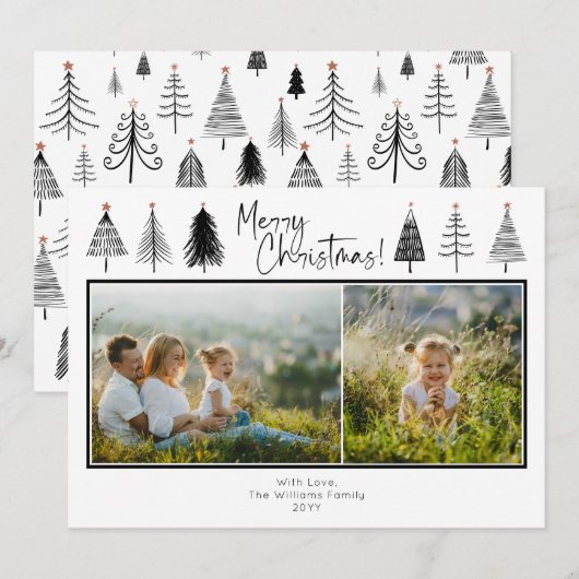 Zwarte en witte kerstbomen Twee foto's Feestdagenkaart (Voorkant / Achterkant)