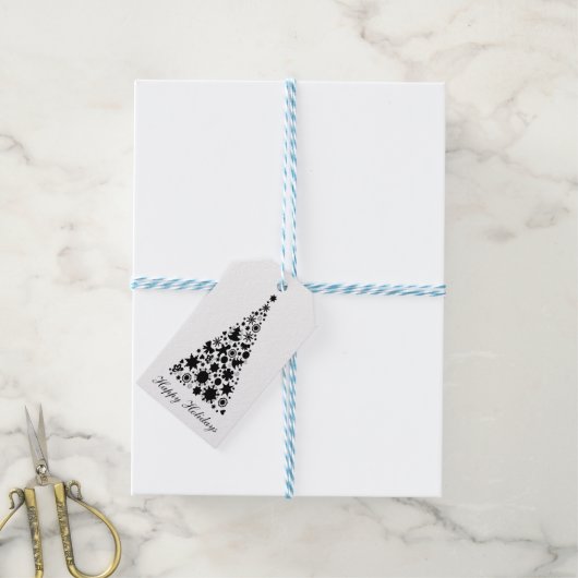 Zwarte en witte kerstboom cadeaulabel (Met Touw)