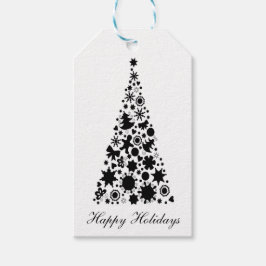 Zwarte en witte kerstboom cadeaulabel