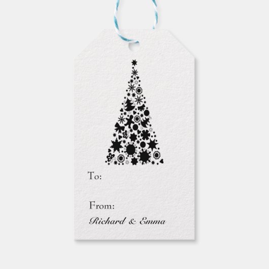 Zwarte en witte kerstboom cadeaulabel (Achterkant)