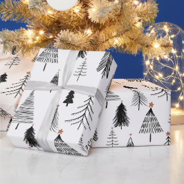 Zwarte en witte kerstboom cadeaupapier