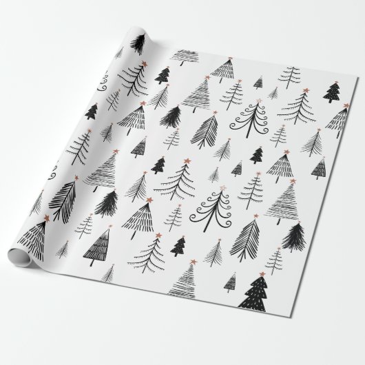 Zwarte en witte kerstboom cadeaupapier (Uitgerold)
