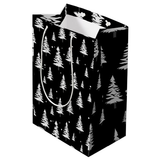 Zwarte en witte kerstboom medium cadeauzakje (Achterkant Gekanteld)