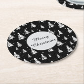 Zwarte en witte kerstboom ronde kartonnen onderzetter (Gebogen)