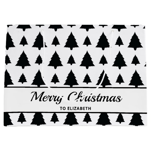 Zwarte en witte kerstboomstructuur en tekst groot cadeauzakje (Voorkant)