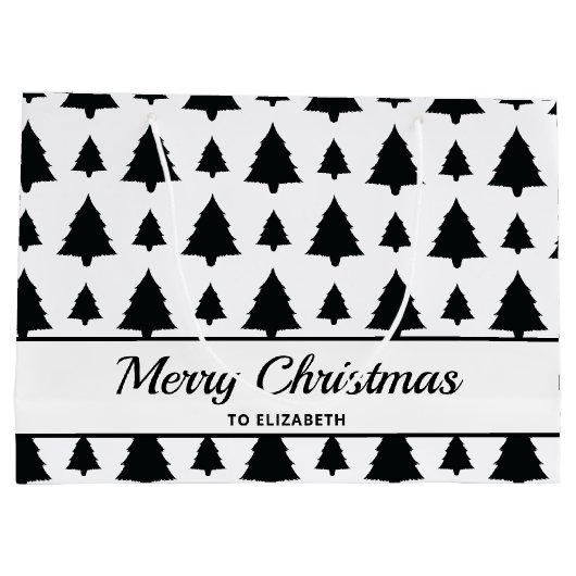 Zwarte en witte kerstboomstructuur en tekst groot cadeauzakje (Achterkant)