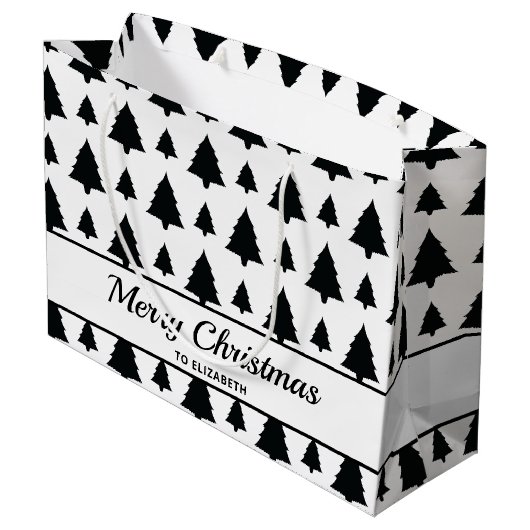 Zwarte en witte kerstboomstructuur en tekst groot cadeauzakje (Achterkant Gekanteld)