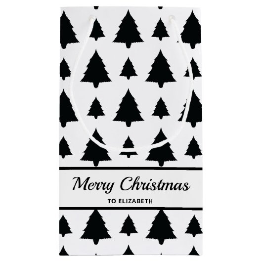 Zwarte en witte kerstboomstructuur en tekst klein cadeauzakje (Achterkant)
