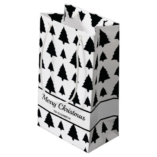 Zwarte en witte kerstboomstructuur en tekst klein cadeauzakje (Achterkant Gekanteld)