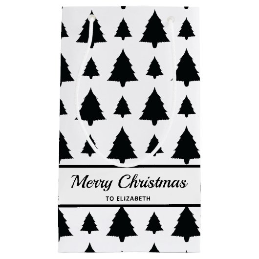 Zwarte en witte kerstboomstructuur en tekst klein cadeauzakje (Voorkant)