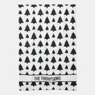 Zwarte en witte kerstboomstructuur en tekst theedoek