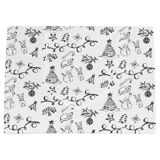 Zwarte en witte kersttekeningen groot cadeauzakje (Voorkant)