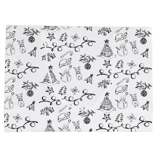 Zwarte en witte kersttekeningen groot cadeauzakje (Achterkant)