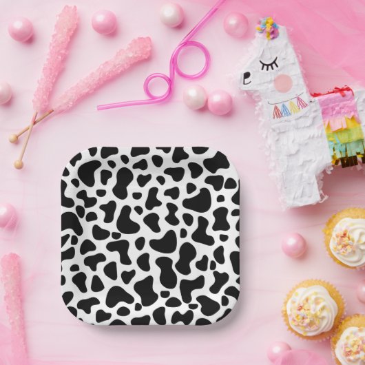 Zwarte en witte Koe Afdrukdag Papieren Bordje (Feest)