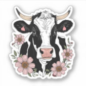 Zwarte en witte Koe met bloemen Sticker (Voorkant)
