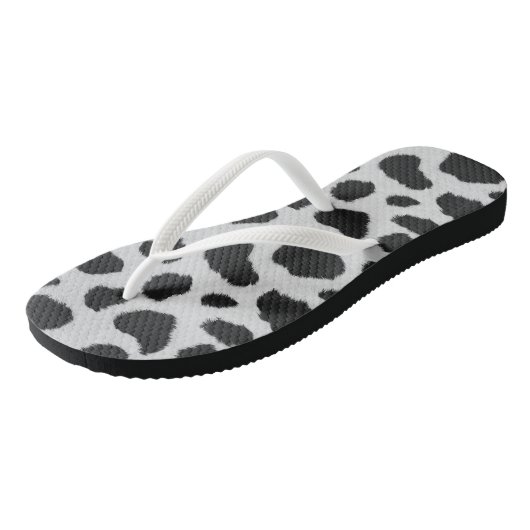 Zwarte en witte koe vlekken patroonpeltextuur teenslippers (Schuin)