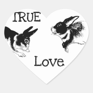 Zwarte en witte konijnen, "TRUE LOVE" Heart Sticke Hart Sticker