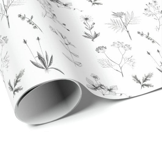 Zwarte en witte kruiden Botanische wilde bloemen P Cadeaupapier (Rol Hoek)