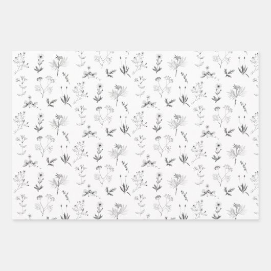 Zwarte en witte kruiden Botanische wilde bloemen P Inpakpapier Vel (Voorkant 3)
