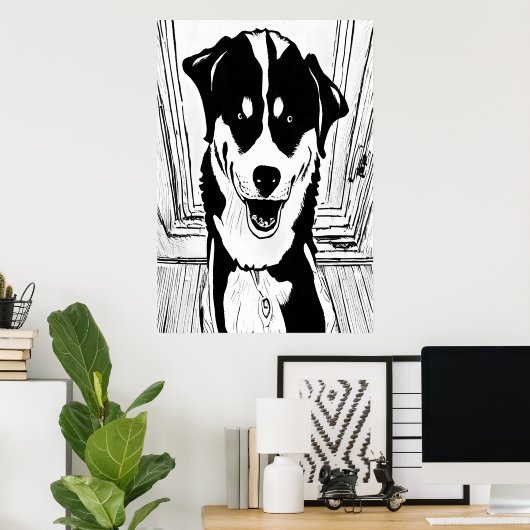 Zwarte en witte kunst van een hond | AI Art Poster (Thuiskantoor)