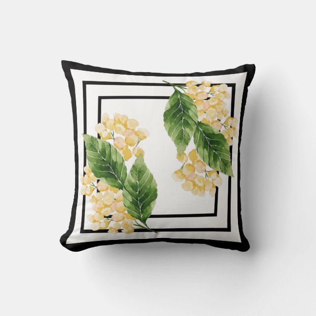 Zwarte en witte kussen met gele bloemen (Voorkant)