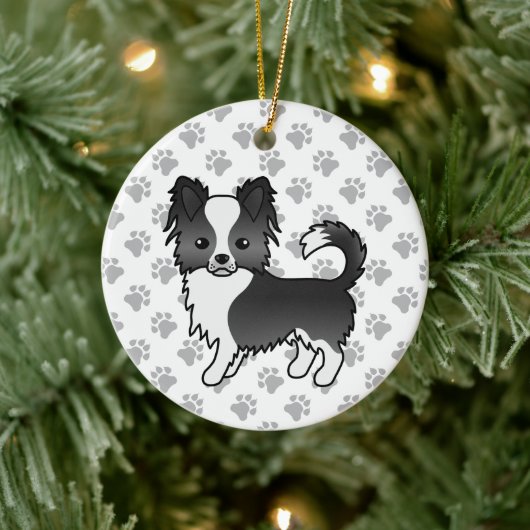 Zwarte en witte langdeklaag Chihuahua Dog & Paws Keramisch Ornament (Boom)