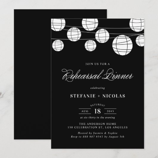 ZWARTE EN WITTE LANTERS REHEARSAL DINER INVITATION KAART (Voorkant / Achterkant)
