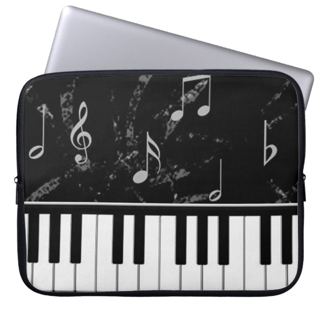 Zwarte en witte laptophoes met piano-muziek laptop sleeve (Voorkant)