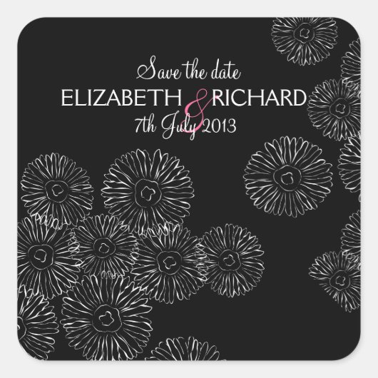 Zwarte en witte lentbloemen "Save the date" Vierkante Sticker (Voorkant)