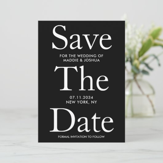 Zwarte en witte letters Modern sparen de Datum Save The Date (Staand voorkant)