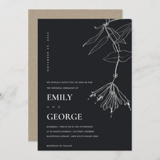 ZWARTE EN WITTE LIJN DIE FLORAL WEDDING DRAAGT INV BEDANKKAART (Voorkant / Achterkant)