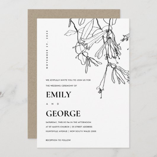 ZWARTE EN WITTE LIJN DIE FLORAL WEDDING DRAAGT INV BEDANKKAART (Voorkant / Achterkant)