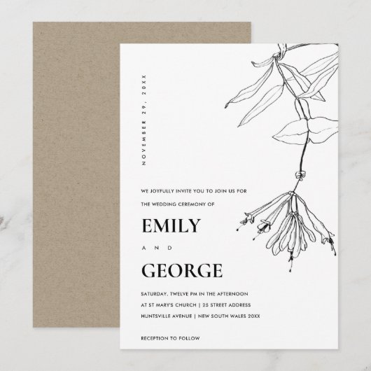 ZWARTE EN WITTE LIJN DIE FLORAL WEDDING DRAAGT INV BEDANKKAART (Voorkant / Achterkant)