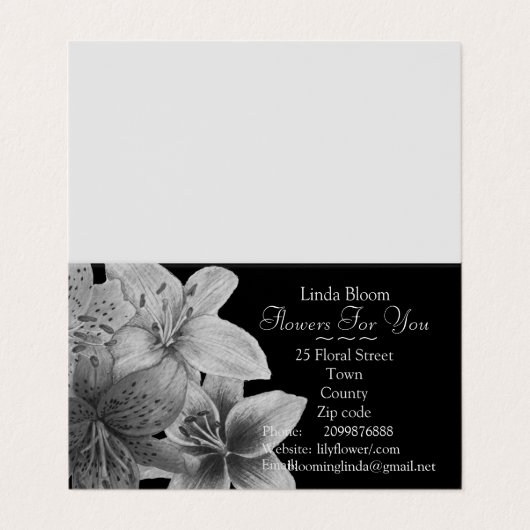 zwarte en witte lilly bloemen voor bloemisten visitekaartje (Buitenkant ongevouwen)