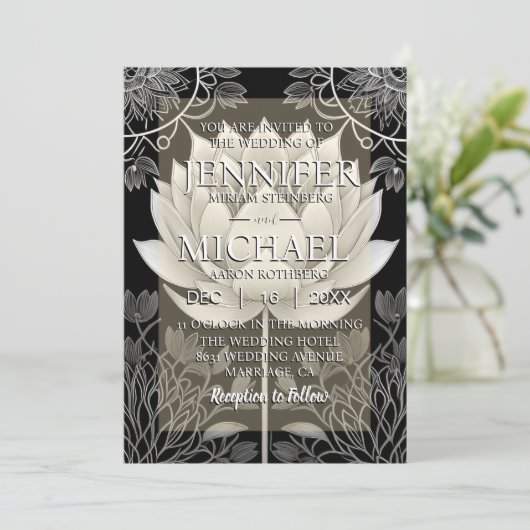 Zwarte en witte lotus huwelijksuitnodigingen kaart (Staand voorkant)