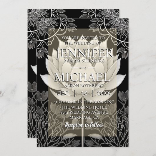 Zwarte en witte lotus huwelijksuitnodigingen kaart (Voorkant / Achterkant)