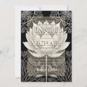 Zwarte en witte lotus huwelijksuitnodigingen kaart