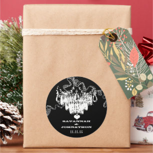 Zwarte en witte  luchters bruiloft ronde sticker